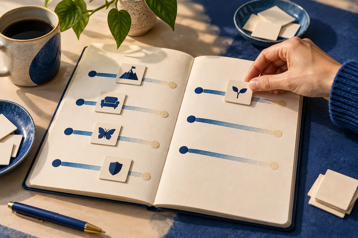An open notebook displays horizontal blue-to-cream scales with small picture tiles, while a hand places a tile on one scale.