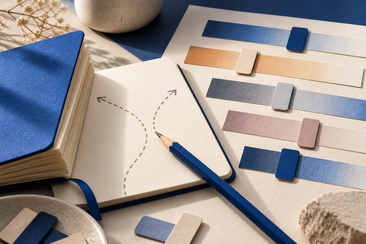 An open notebook with two branching dashed arrows lies beside several horizontal colored scales with movable rectangular markers and a blue pencil.