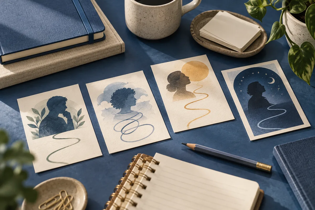 Four illustrated cards showing side-profile silhouettes and looping lines are arranged on a blue table beside notebooks, a pencil, a mug, and plants.