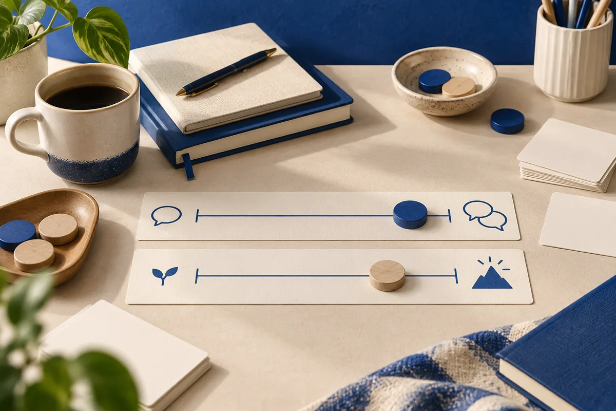 Two illustrated slider strips with wooden and blue markers sit on a desk among notebooks, a coffee mug, cards, and a small plant.