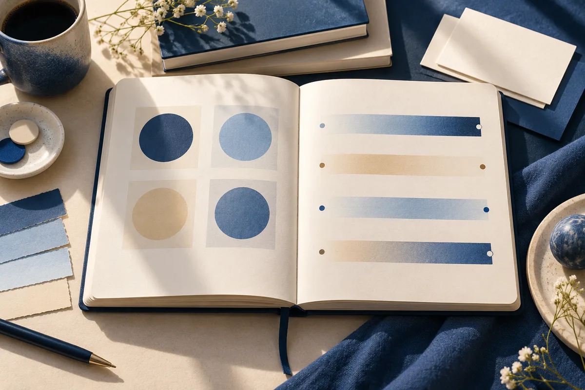 Open notebook with four colored circles on one page and rows of shaded continua on the other, beside a coffee cup and paper swatches.