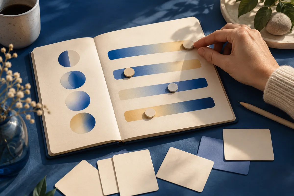 A hand moves a round marker along shaded bars in an open notebook, with overlapping circles and blank cards nearby.