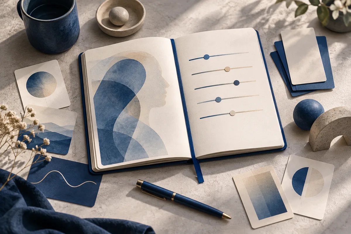 Open notebook with an abstract side-profile illustration and five horizontal lines with colored markers, surrounded by blue-and-cream cards, a pen, a cup, and geometric objects.