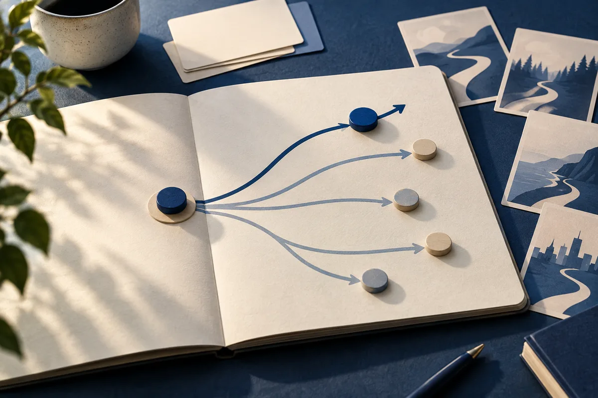 Open notebook showing one blue path splitting into five curved arrows that end at colored round markers, with landscape cards and a pen nearby.
