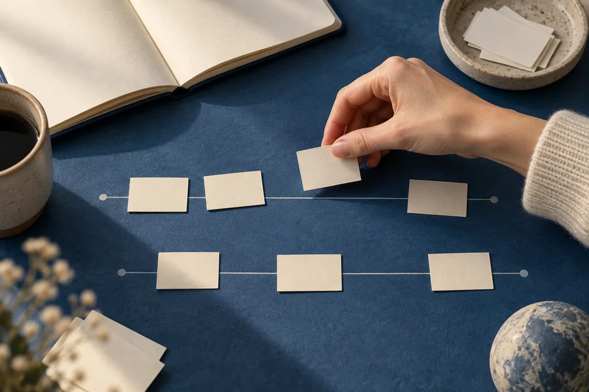 A hand places a blank card among blank cards arranged along two horizontal lines on a dark blue surface, with an open notebook, a cup, and a bowl nearby.