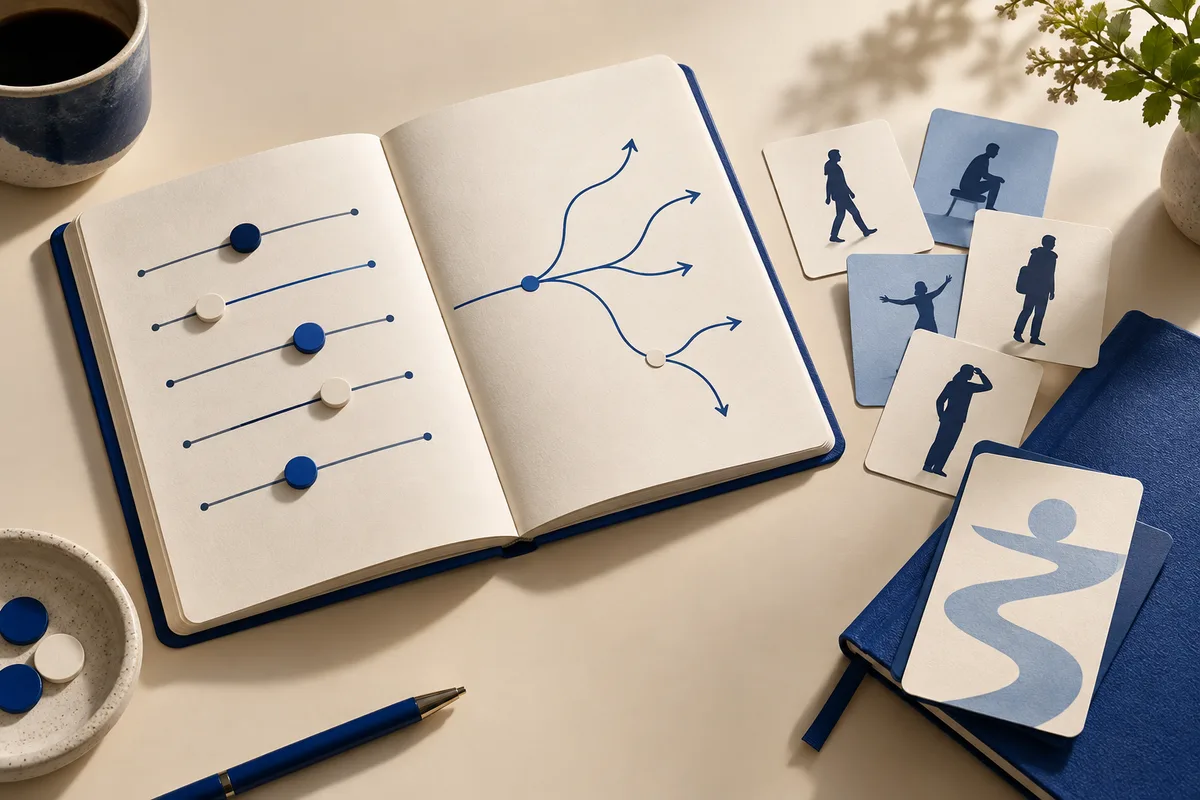 Open notebook with horizontal lines and round markers on one page and branching arrows on the other, beside cards showing dark human silhouettes and abstract shapes.