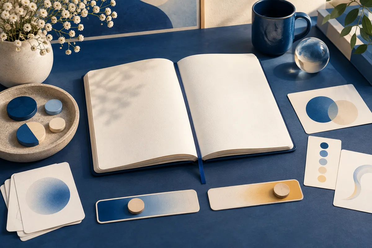 An open blank notebook on a blue desk, surrounded by abstract cards with circles, dots, and overlapping shapes, a mug, and a vase of flowers.