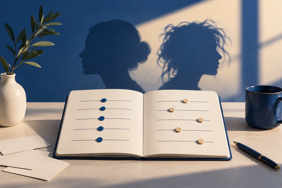An open notebook with blue and tan markers on horizontal lines sits on a desk beneath two profile-shaped shadows.