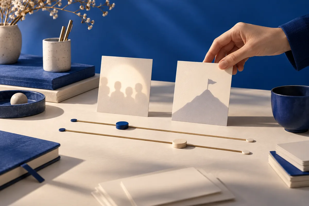 A hand holds a card with a mountain-and-flag silhouette beside a card showing four shadowed figures, with two horizontal marker scales, notebooks, cups, and dried flowers on a blue-and-cream tabletop.