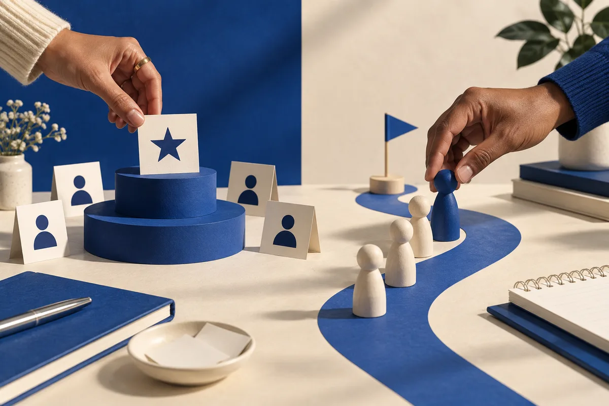 A hand places a star card on a blue tiered platform while another hand moves a blue wooden figure along a winding blue path lined with small white figures.