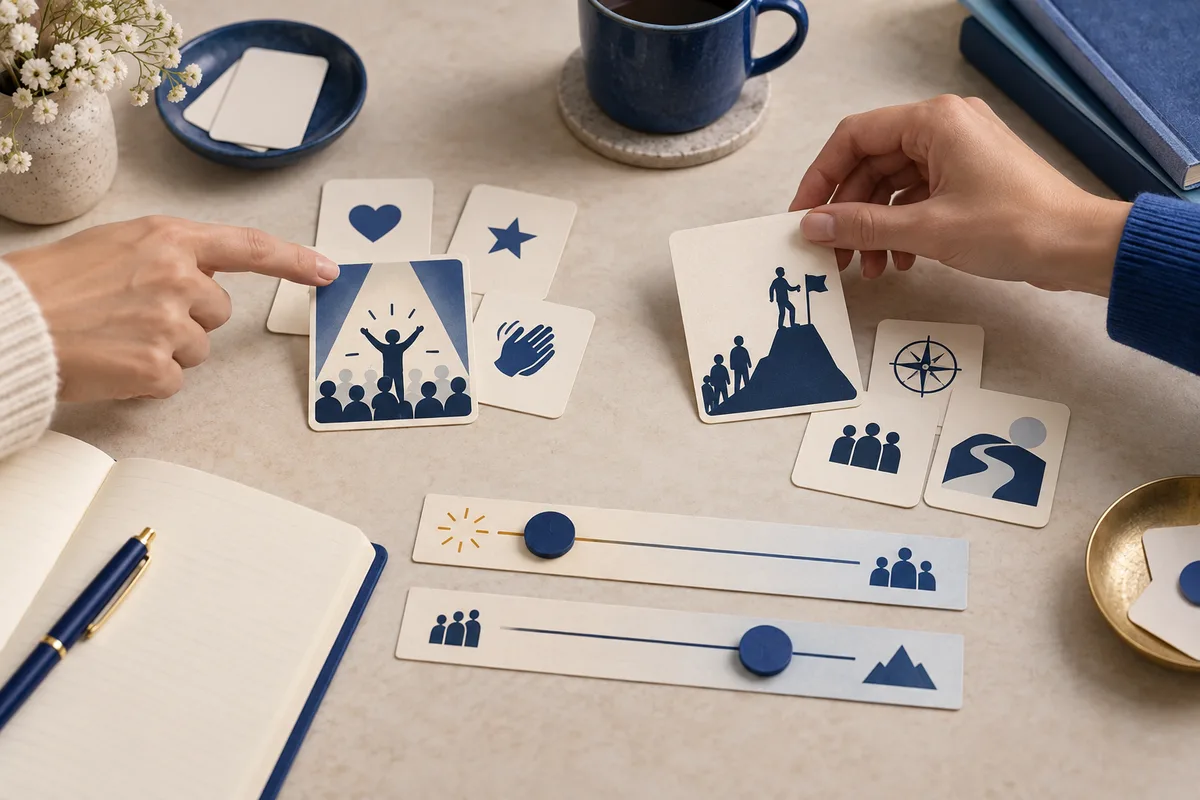 Two hands point to illustrated cards showing a cheering figure and a figure on a hill with a flag, surrounded by symbol cards and two horizontal marker scales.