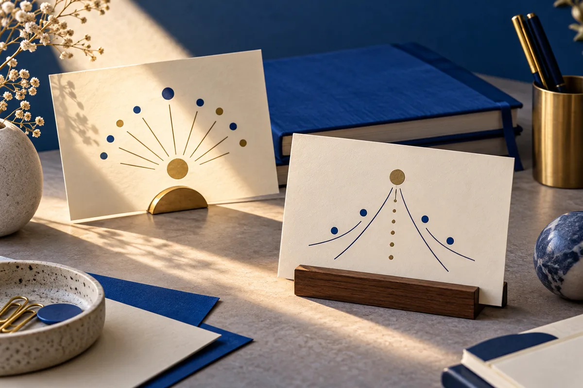 Two cream cards display abstract blue-and-gold lines and dots on a tabletop beside blue books, a pen cup, a bowl, and decorative stones.