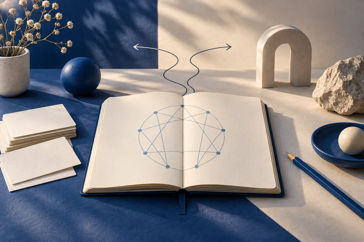 An open notebook displays a geometric line diagram beneath two branching arrows, surrounded by blank cards, a blue sphere, dried flowers, and a stone arch.