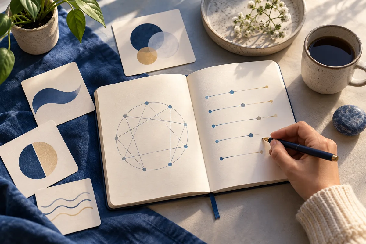 An open notebook shows a connected circle diagram and colored dots on horizontal lines. A hand holds a pen above the page, beside abstract cards, a potted plant, and a cup.