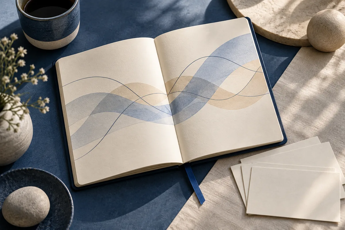 An open cream-colored notebook with overlapping blue and gray wave lines, beside a dark blue cup, a small vase, and a stack of blank cards.