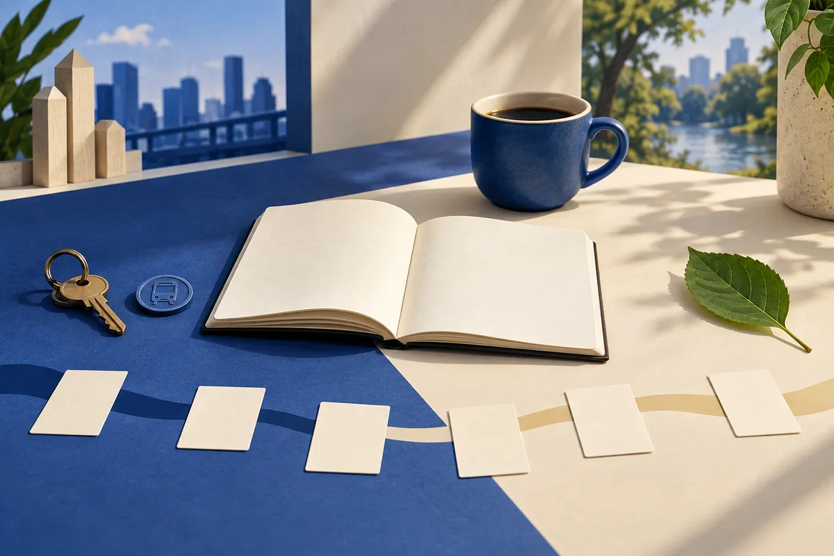 An open blank book, blue mug, keys, and green leaf sit on a blue-and-cream desk, with blank cards along the bottom and a city and waterfront in the background.