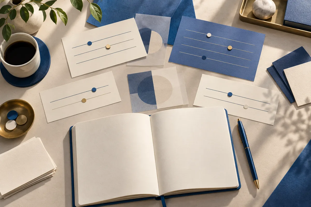 An open blank notebook and blue pen sit among cards with colored dots on line scales, with a coffee cup, plant, and paper swatches on a cream desk.