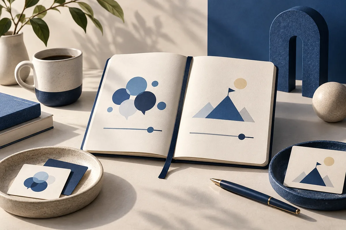 Open notebook showing abstract blue circles and geometric mountain shapes, beside a coffee cup, pen, books, bowls, and a potted plant.