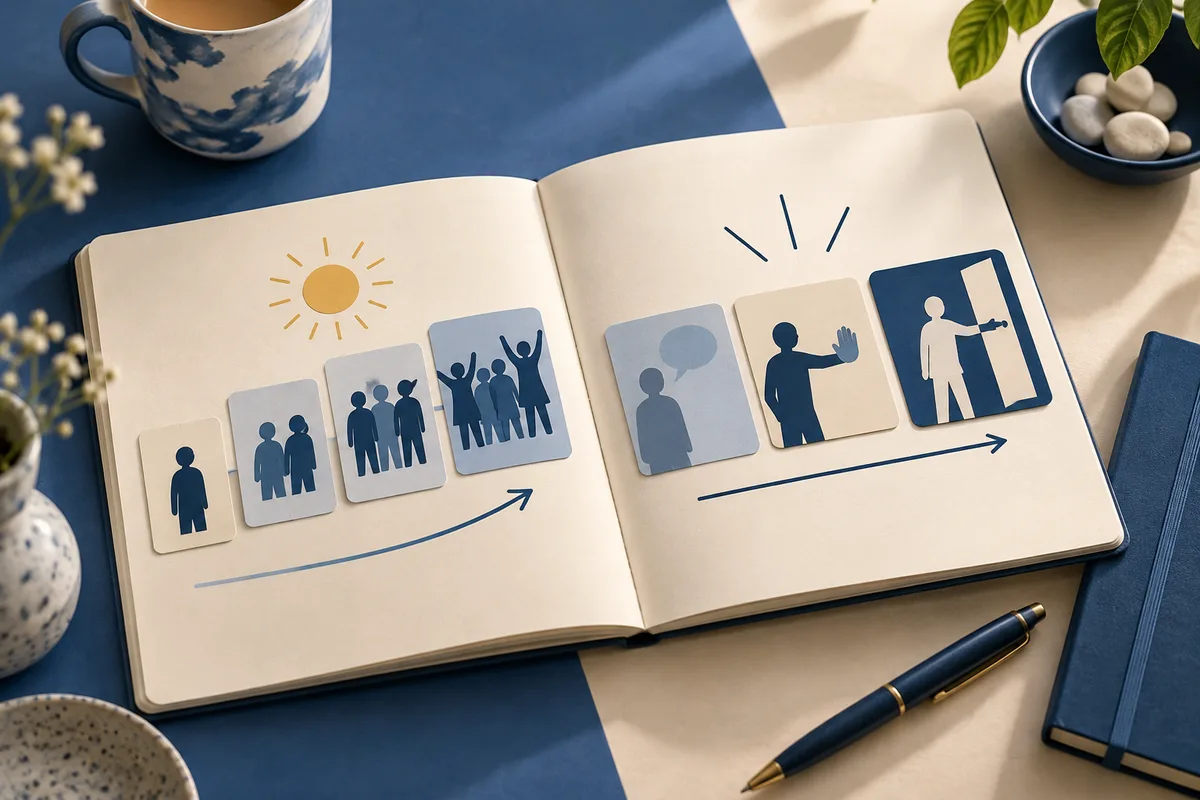 Open notebook displaying pictogram cards with groups of people, a sun, a speech bubble, a raised hand, a doorway, and curved arrows.