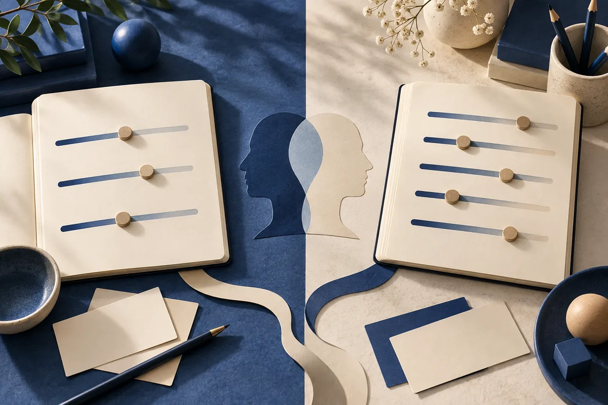 Two overlapping profile silhouettes sit between cream cards with horizontal slider marks on navy and pale surfaces.