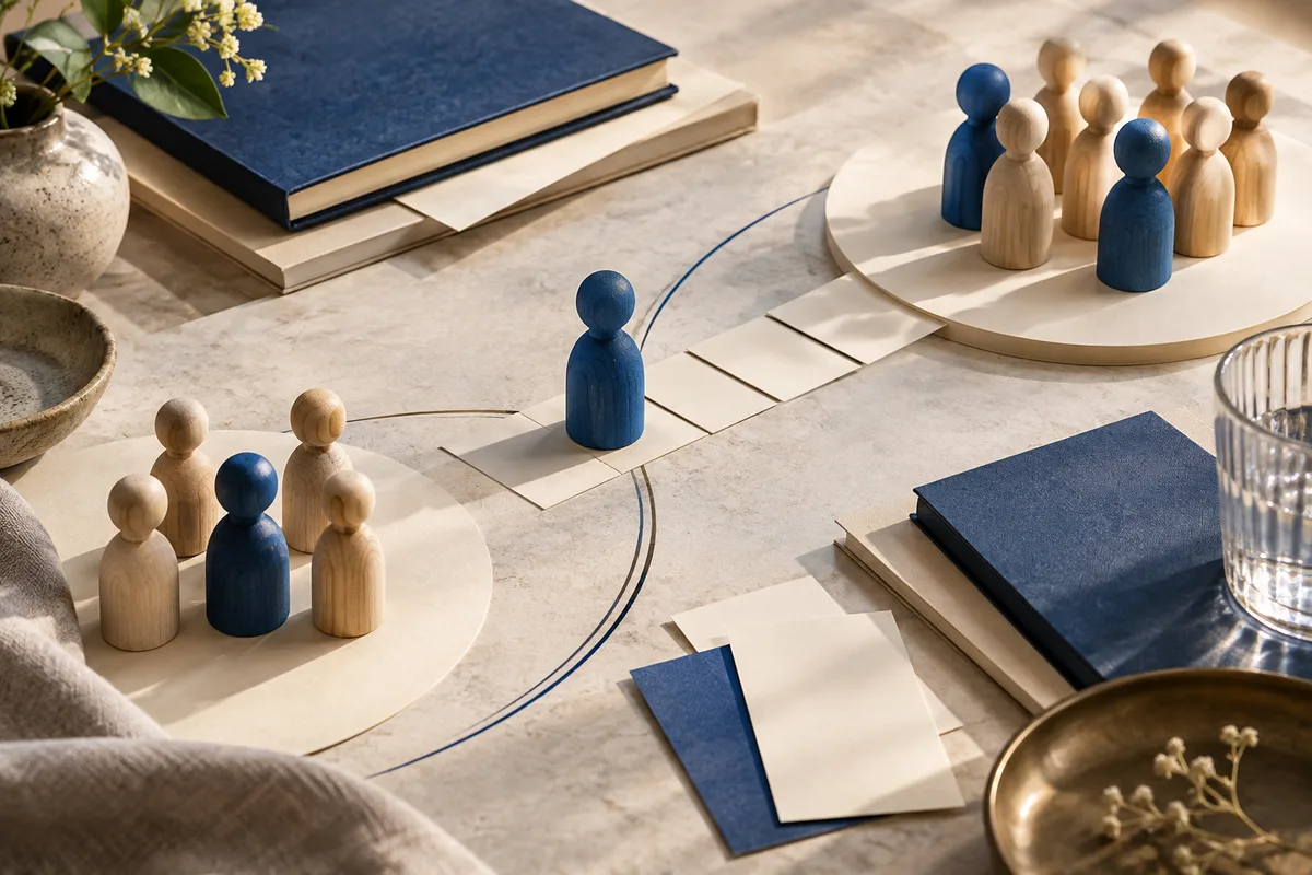 Wooden blue and natural-colored figures stand in groups on circular platforms, connected by curved lines and cards on a tabletop with books and papers.