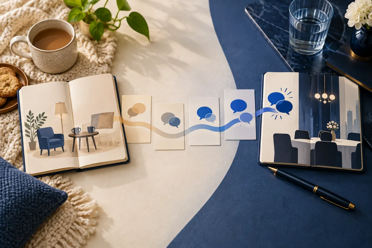 Two open notebooks show illustrated room scenes, with a row of cards between them displaying speech bubbles; a coffee cup, cookies, glass, and pen sit nearby.