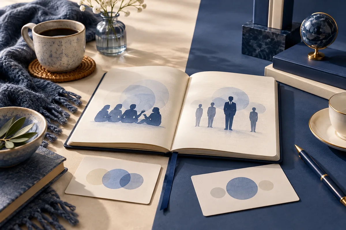 An open notebook shows blue silhouettes in a seated group on one page and standing figures on the other, surrounded by cards with overlapping circles, books, cups, and a globe.