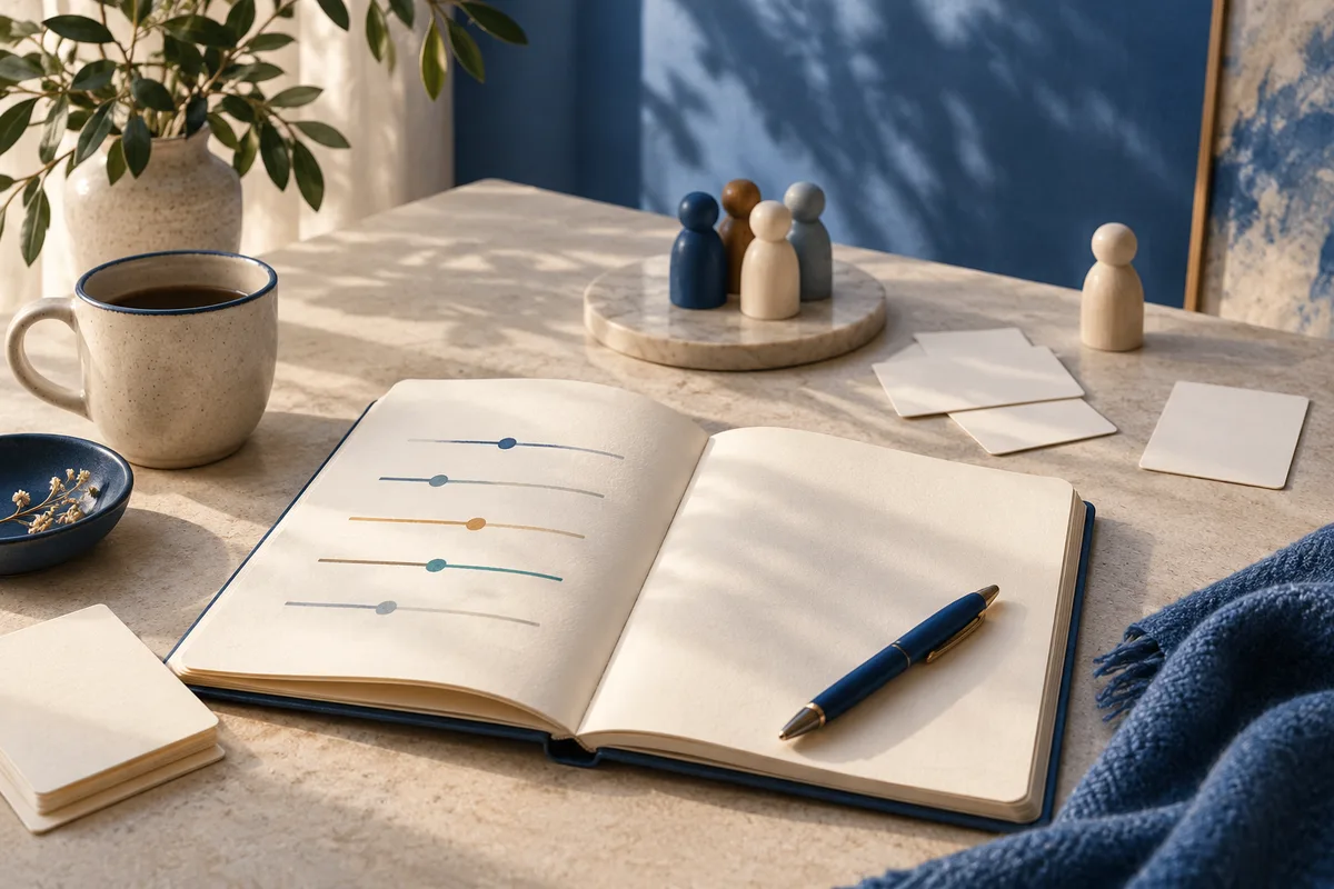 An open notebook with colored slider lines and a pen sits beside small wooden figures, blank cards, and a mug.