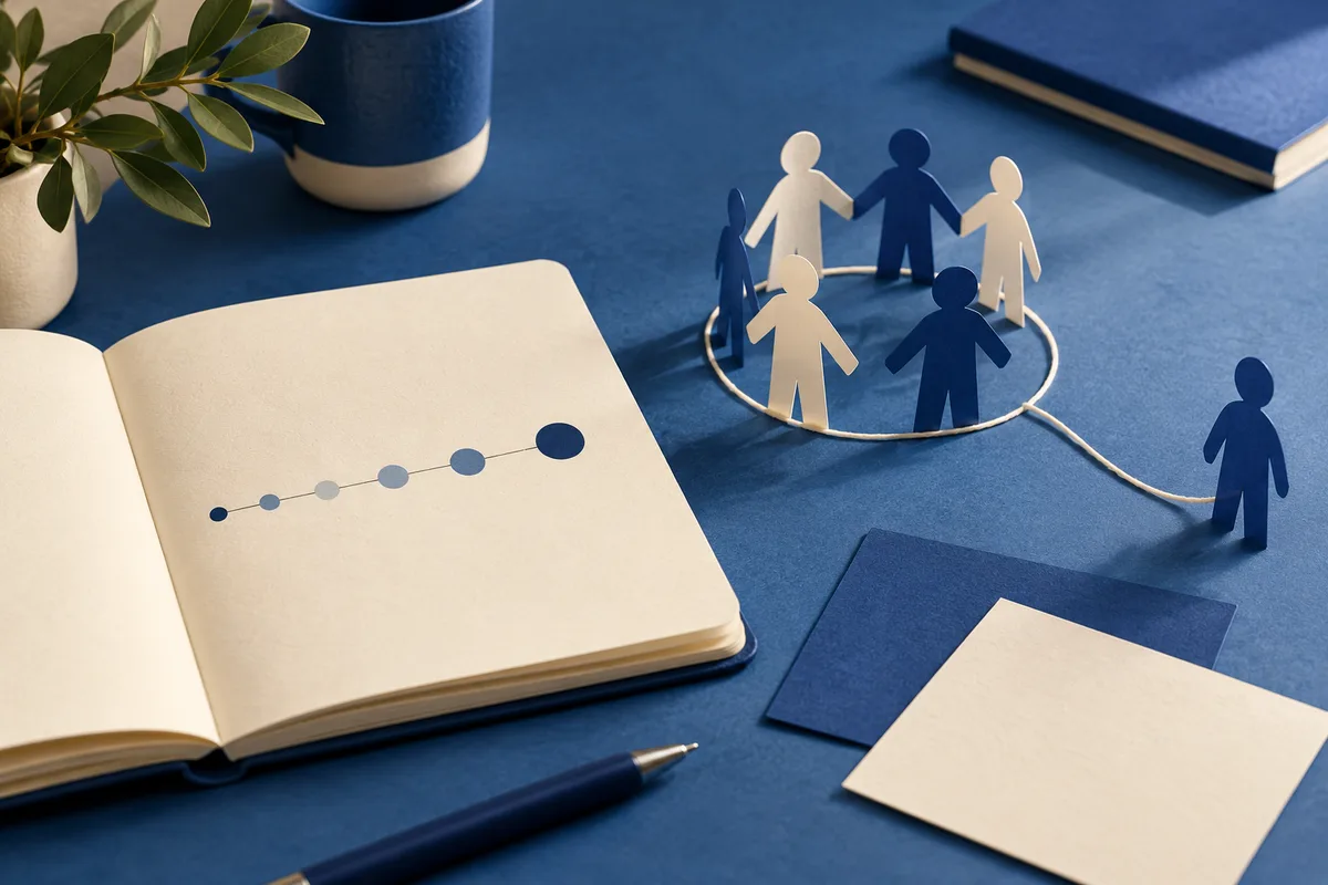 Paper figures stand in a circle with a line leading to one figure outside it; an open notebook shows a row of dots.