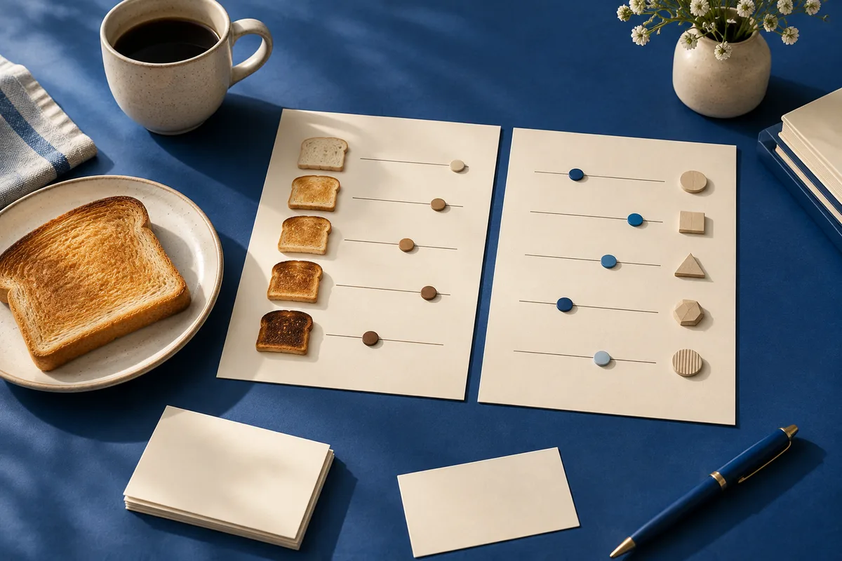 Toast, a cup, flowers, blank cards, and two sheets with slider lines and small toast and geometric shapes on a blue tabletop.
