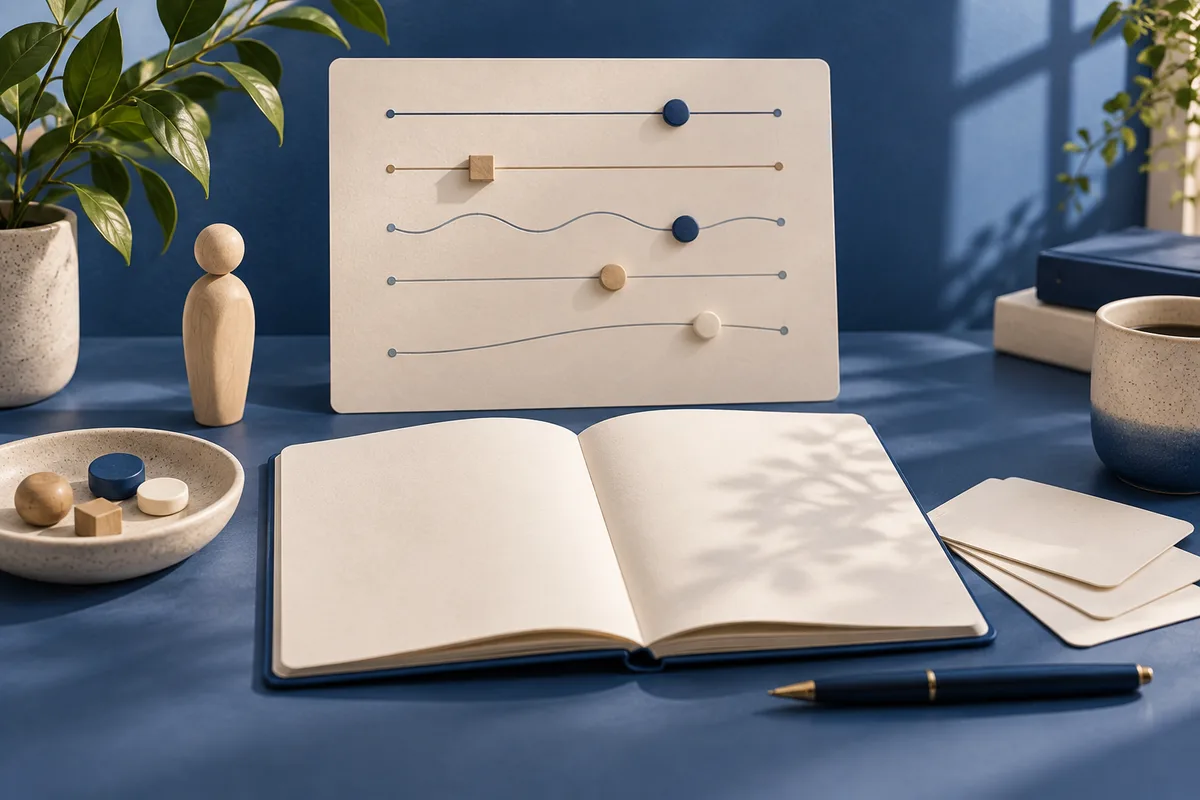 An open notebook and pen sit beneath a board of abstract lines with round markers; a small wooden figure, a plant, and ceramic dishes rest on a blue desk.