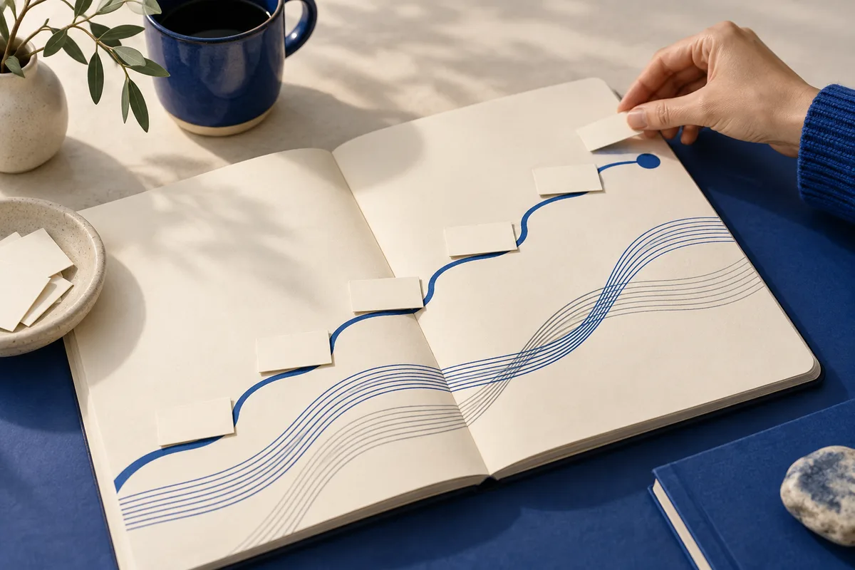 An open notebook shows curving blue lines and blank cards along a winding path as a hand places another card. A blue mug and potted plant sit nearby.