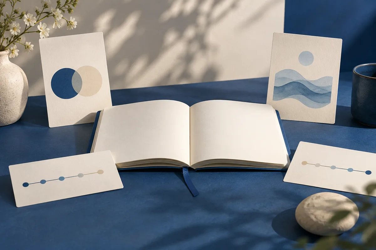 An open blank book sits among cream cards with overlapping circles, layered blue waves, and lines of colored dots; a flowering branch in a vase and a dark cup frame the scene on a blue tabletop.