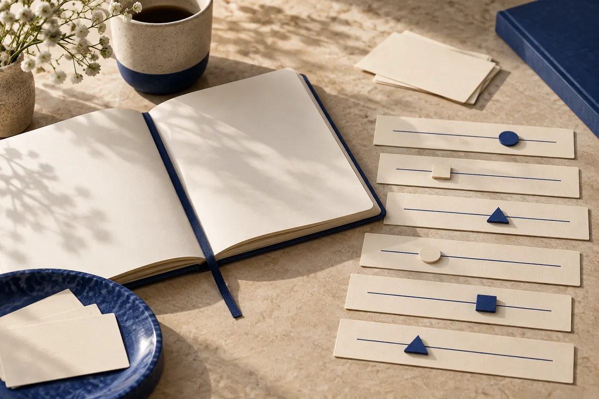 An open blank notebook beside cream cards with blue lines and movable shapes, with a cup and white flowers nearby.