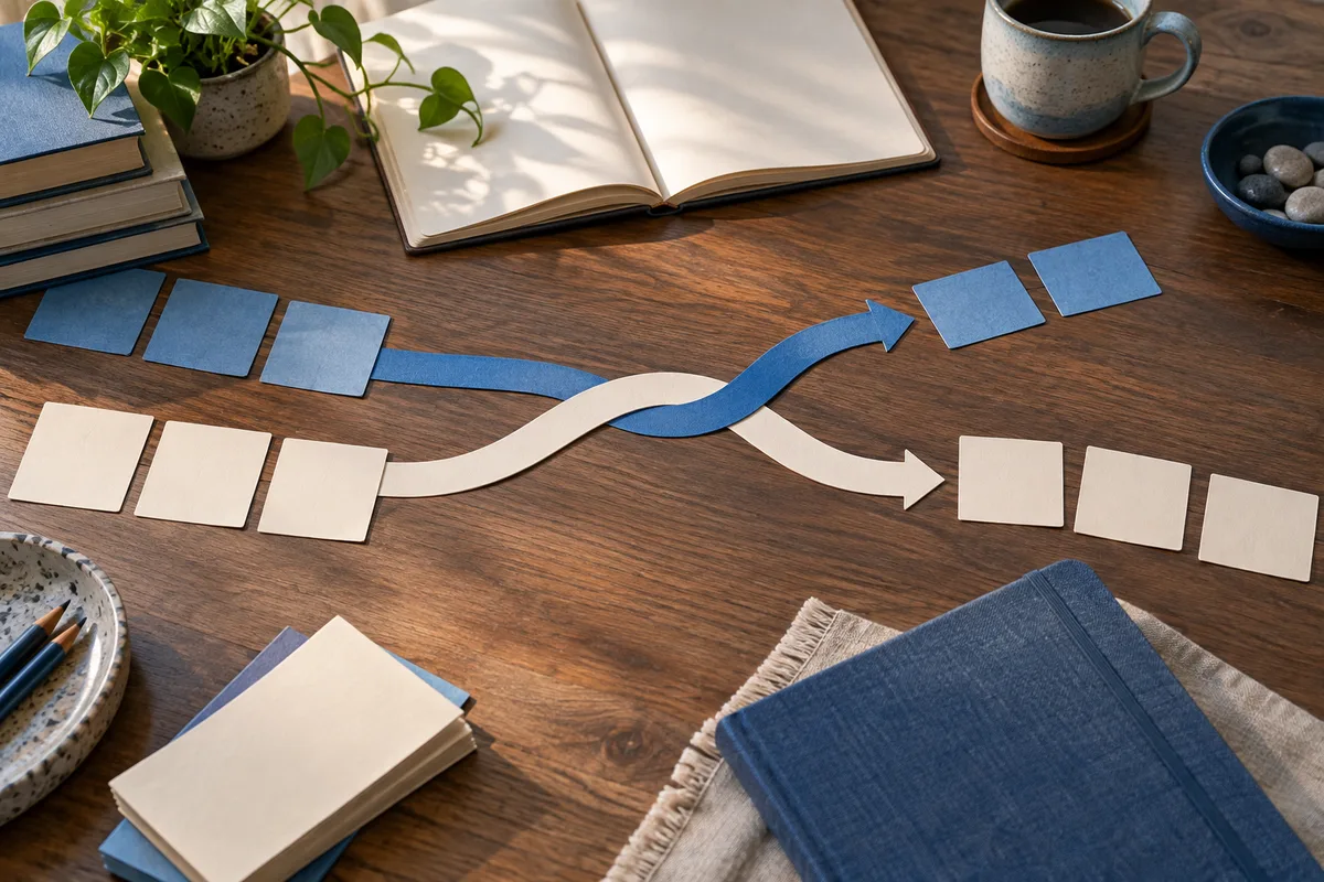 Overhead still life on a wooden desk with an open blank notebook, a coffee cup, a potted plant, stacked books, and blue and cream paper strips crossing into arrows among small cards.