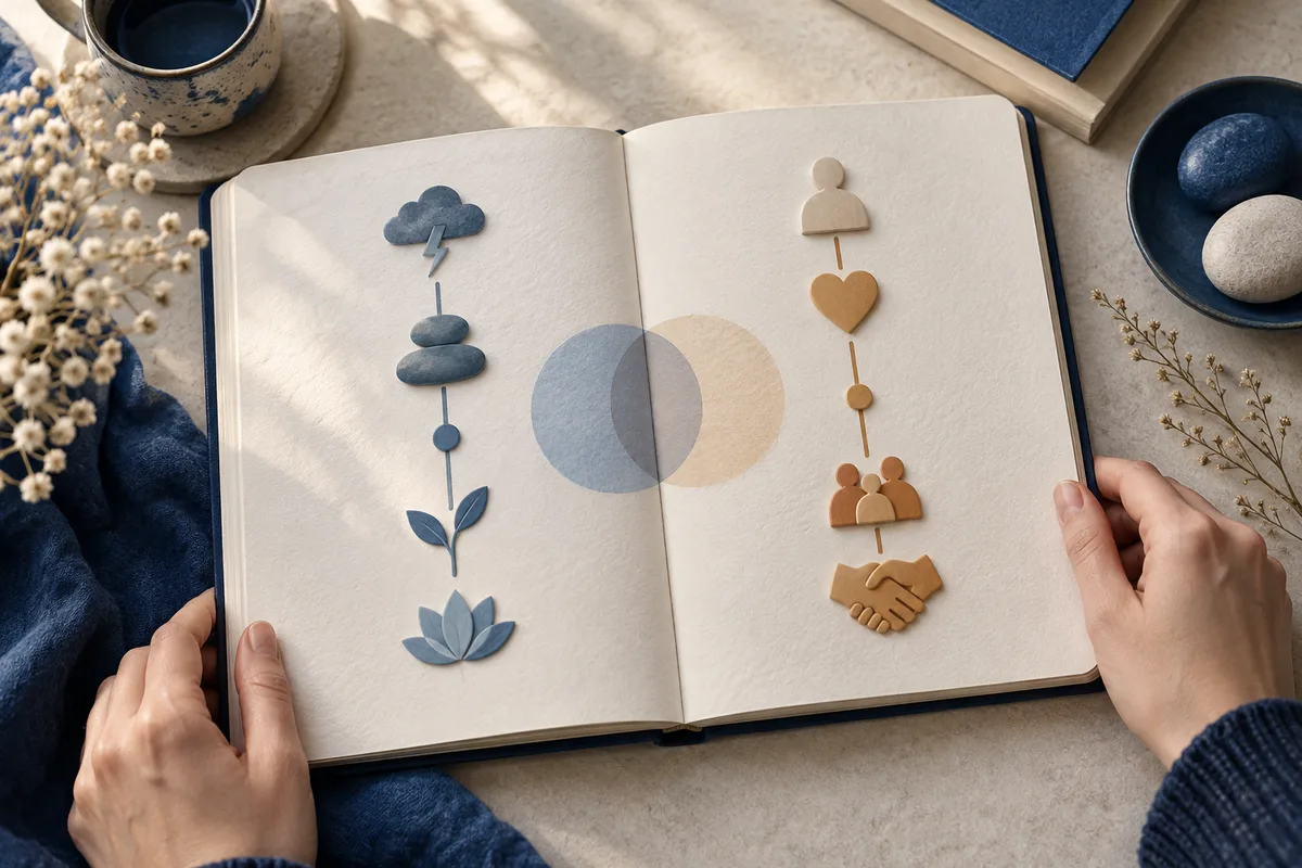 Open notebook held by two hands, with blue and tan cutout shapes arranged in two vertical columns and overlapping circles at the center; a cup, bowl, and dried flowers surround it.