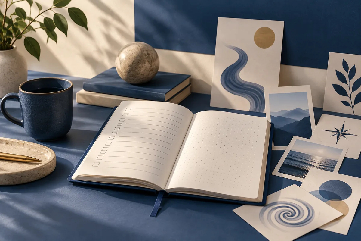 Open notebook with checklist lines beside a dark blue mug, stacked books, a stone sphere, and abstract blue-and-cream art cards.