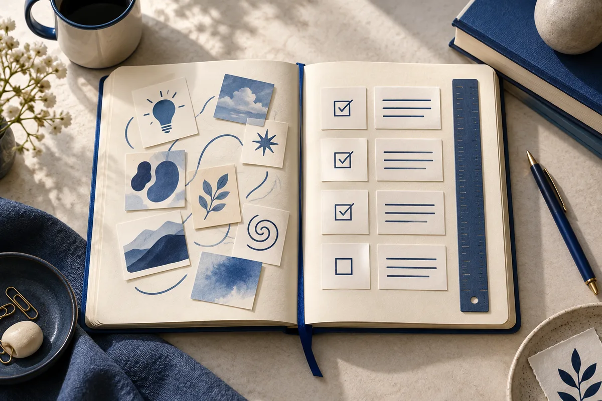 Open notebook displaying abstract picture cards on the left and four checklist cards on the right, with three boxes checked.