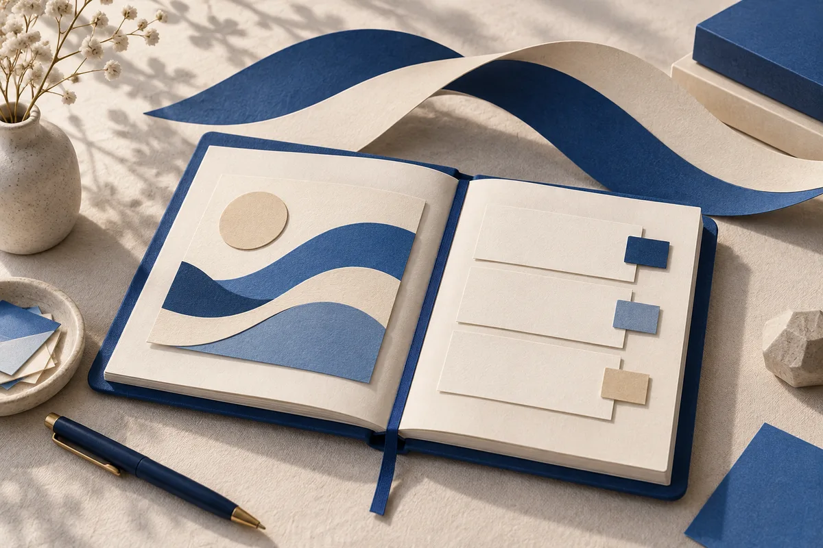 Open notebook with layered blue wave shapes and a beige circle on the left, and blank horizontal cards with colored square markers on the right.