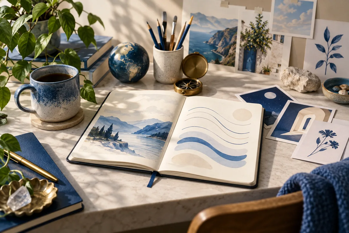 Desk with an open notebook showing a landscape painting and blue abstract lines, surrounded by a globe, pencils, artwork, a plant, coffee, and a compass.