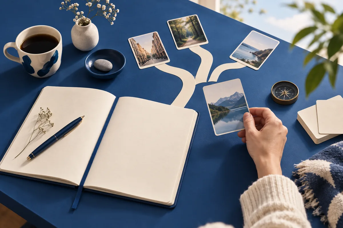 Open blank notebook and pen beside branching cream paths with landscape photo cards; a hand holds one card on a blue table.