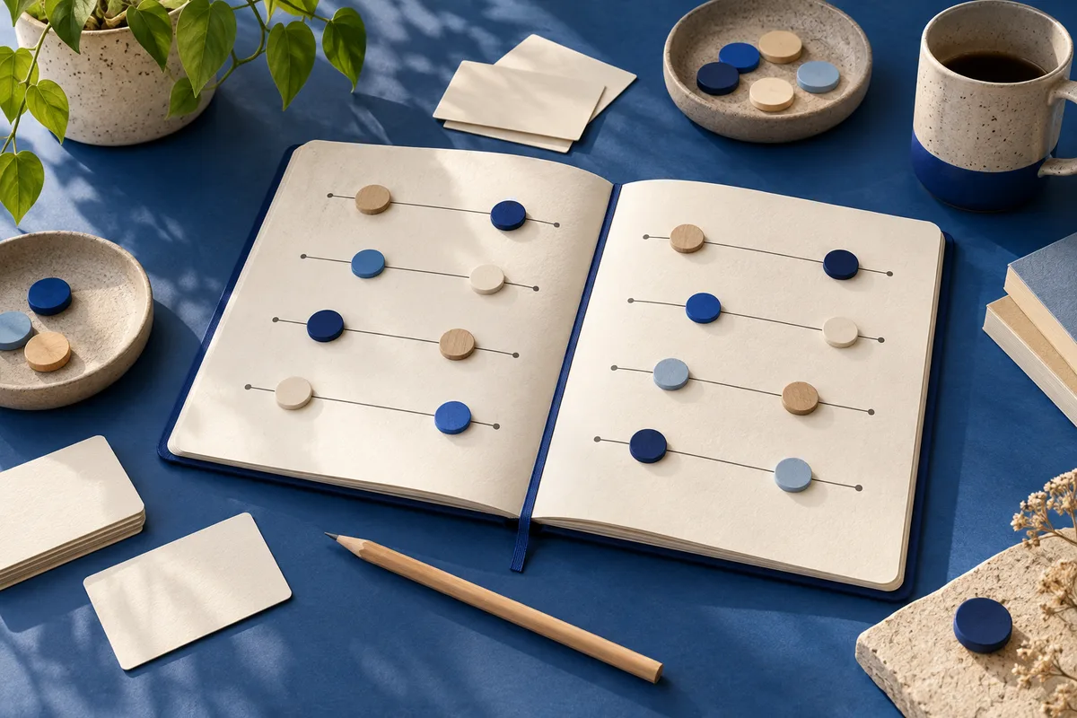 Open notebook with rows of blue, tan, and gray round pieces on a blue tabletop, beside a pencil, cup, bowls, and a plant.