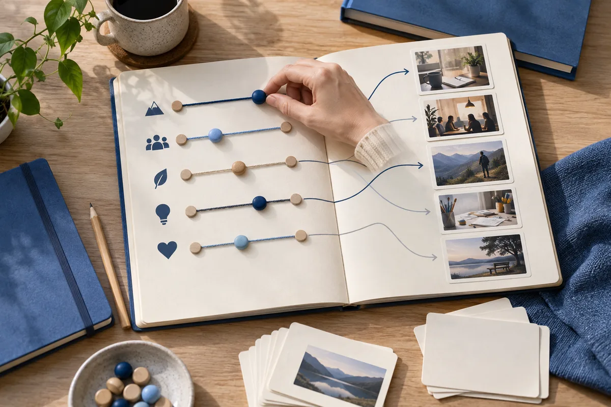 Open notebook with colored pieces on horizontal lines, a hand moving one piece, and arrows leading to small photographs.