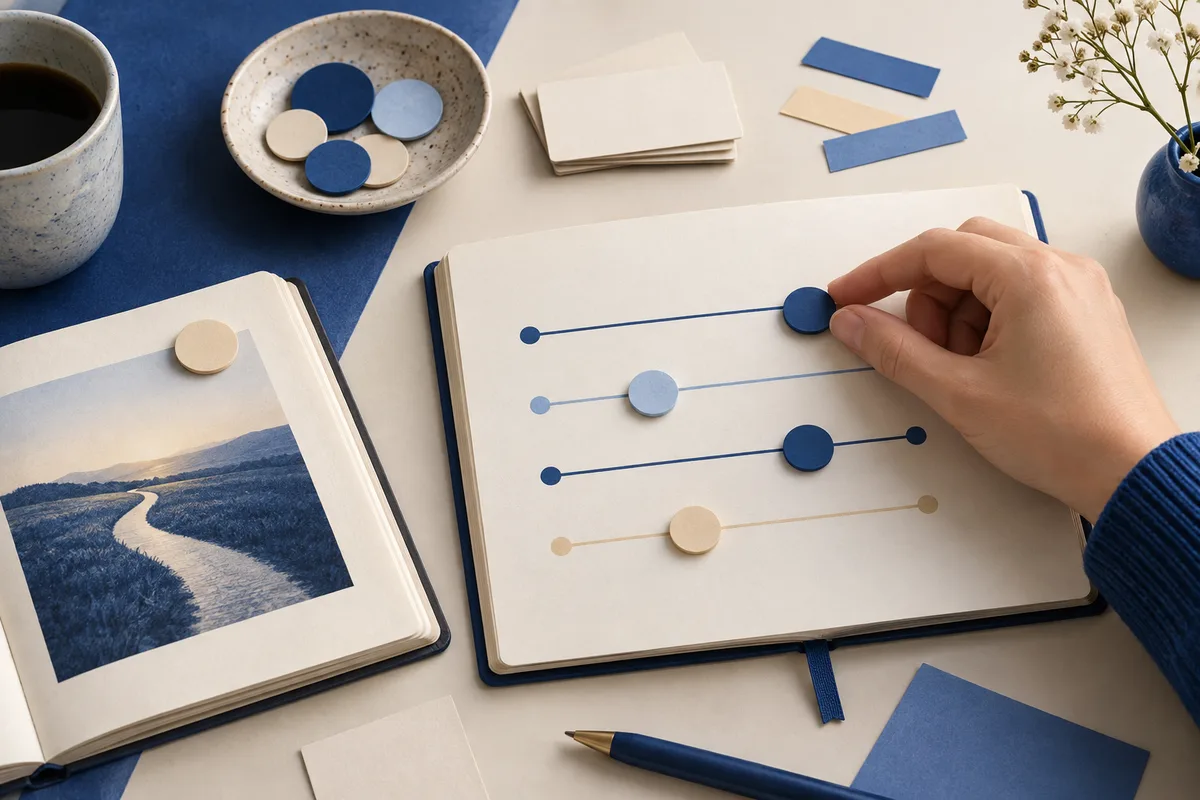 Hand adjusting a blue round piece on horizontal lines in an open notebook beside a book showing a landscape photograph.