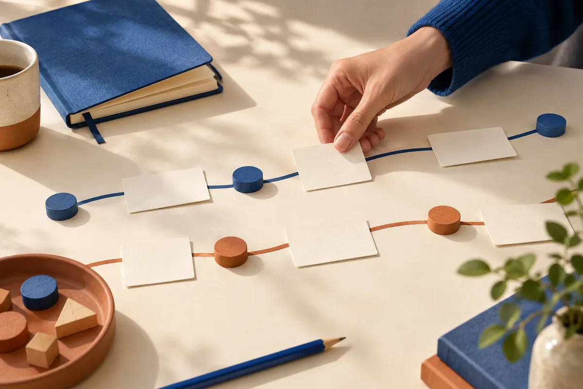 Hand placing a blank card among blue and orange lines, round pieces, and other blank cards on a cream tabletop.