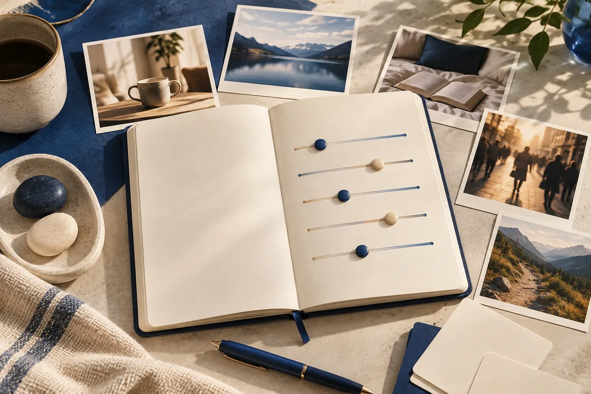 An open notebook shows five horizontal lines with blue and cream markers. Photos of a mug, lake, bed, people, and mountain trail surround it, with a pen and two stones nearby.