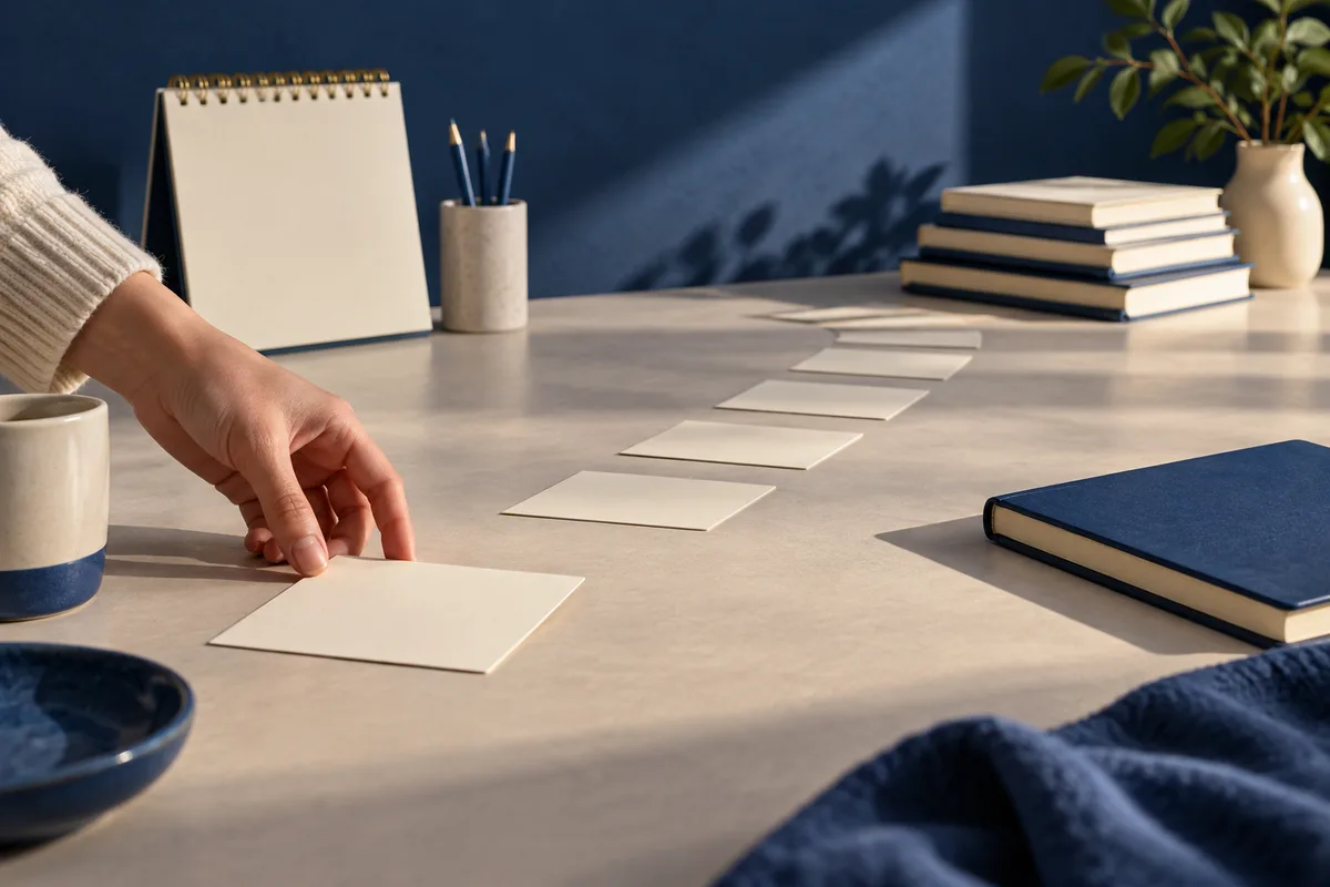 A hand places a blank card on a line of blank cards across a desk, beside a notebook, pencils, books, a cup, and a plant.