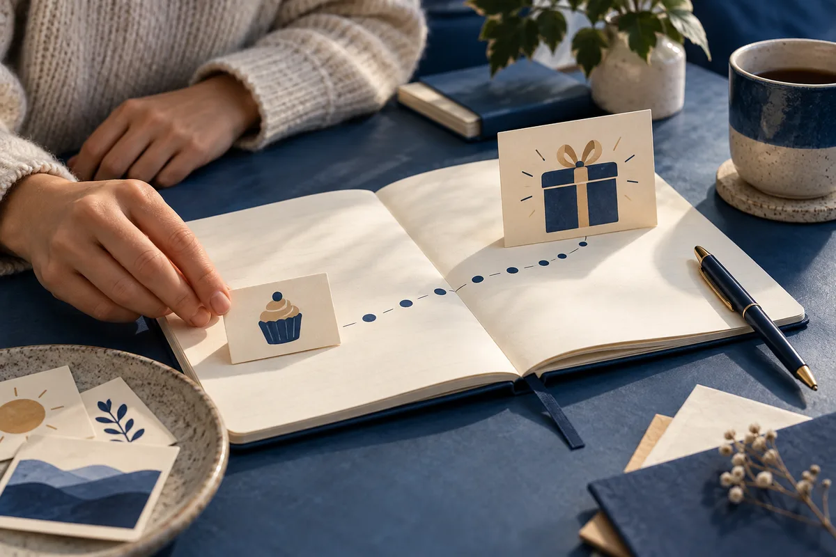 An open notebook displays a dotted path between a cupcake card and a gift card, while a hand holds the cupcake card.