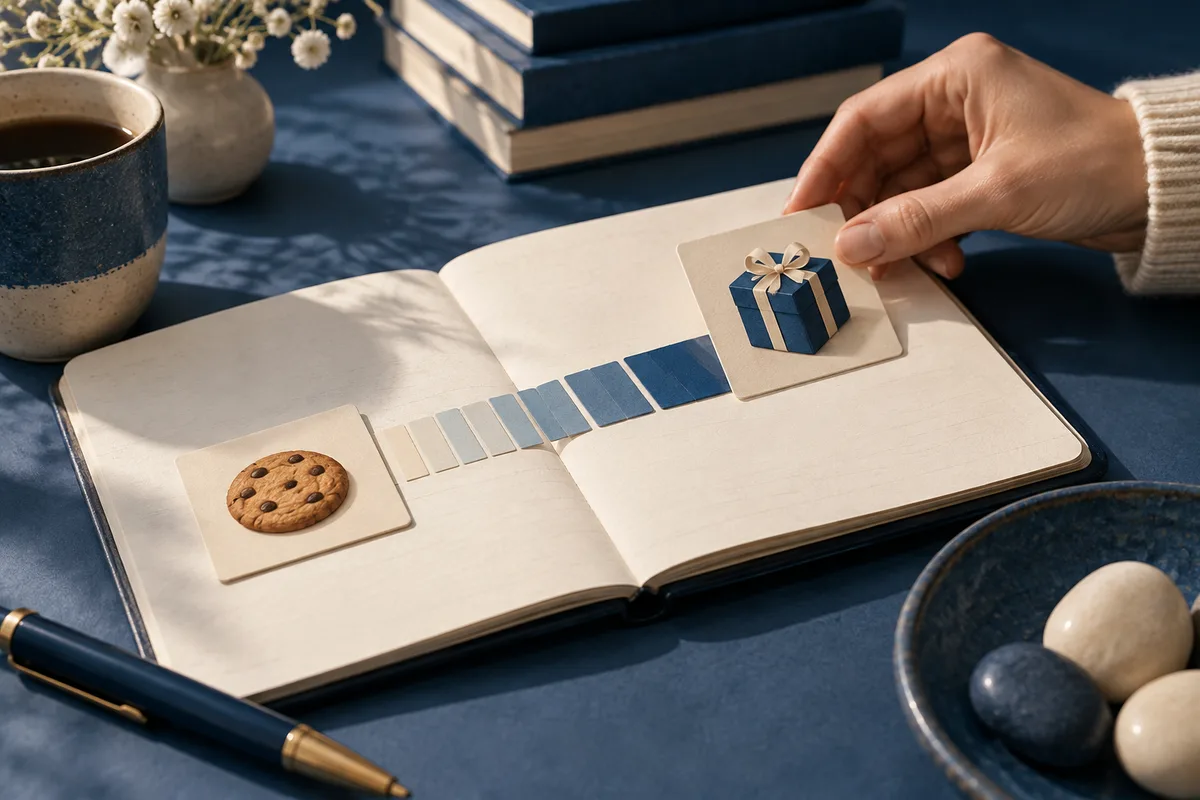 An open notebook shows a cookie card and a gift card separated by a row of blue color blocks, while a hand holds the gift card.