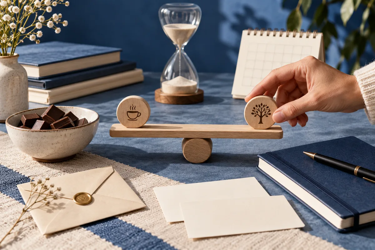 A hand holds a wooden token marked with a tree on one side of a balance beam, opposite a steaming-cup token; an hourglass and bowl of chocolate sit nearby.